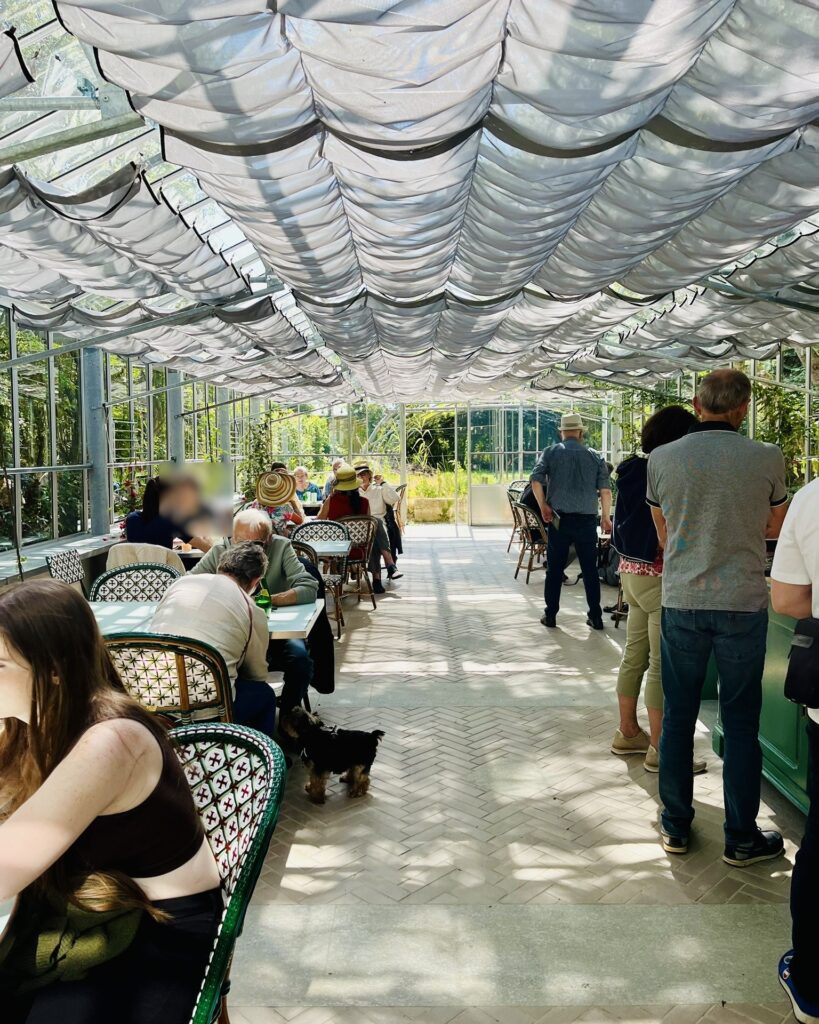 Vue sur la serre des Jardins de Kerdalo. Des visiteurs sont attablés autour de boissons et pâtisseries du Salon de Thé "Cherree on the Cake" qui a pris ses quartiers dans la serre. C'est un lieu très lumineux, entouré de nature.